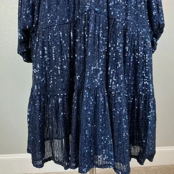 Eliza J Sequined Long Sleeve A-Line V-Neck Mini Cocktail Dress Navy Blue Size 8 - Picture 10 of 13